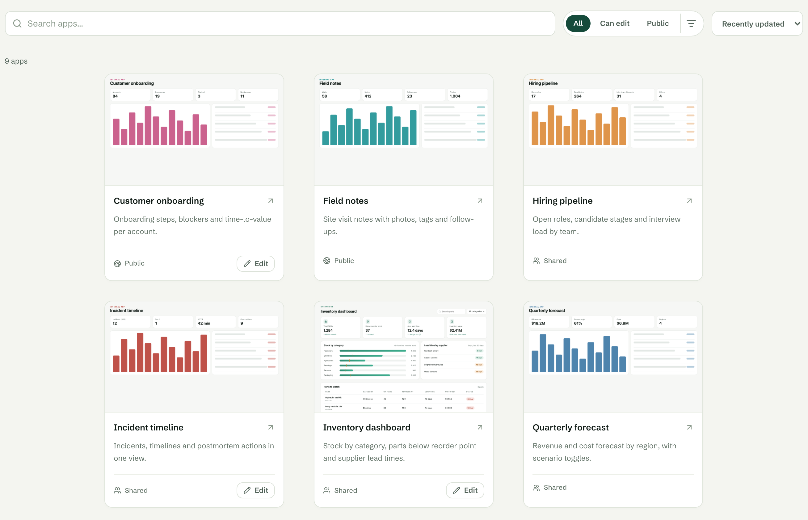 The app catalog with search, All / Can edit / Public filters and published apps