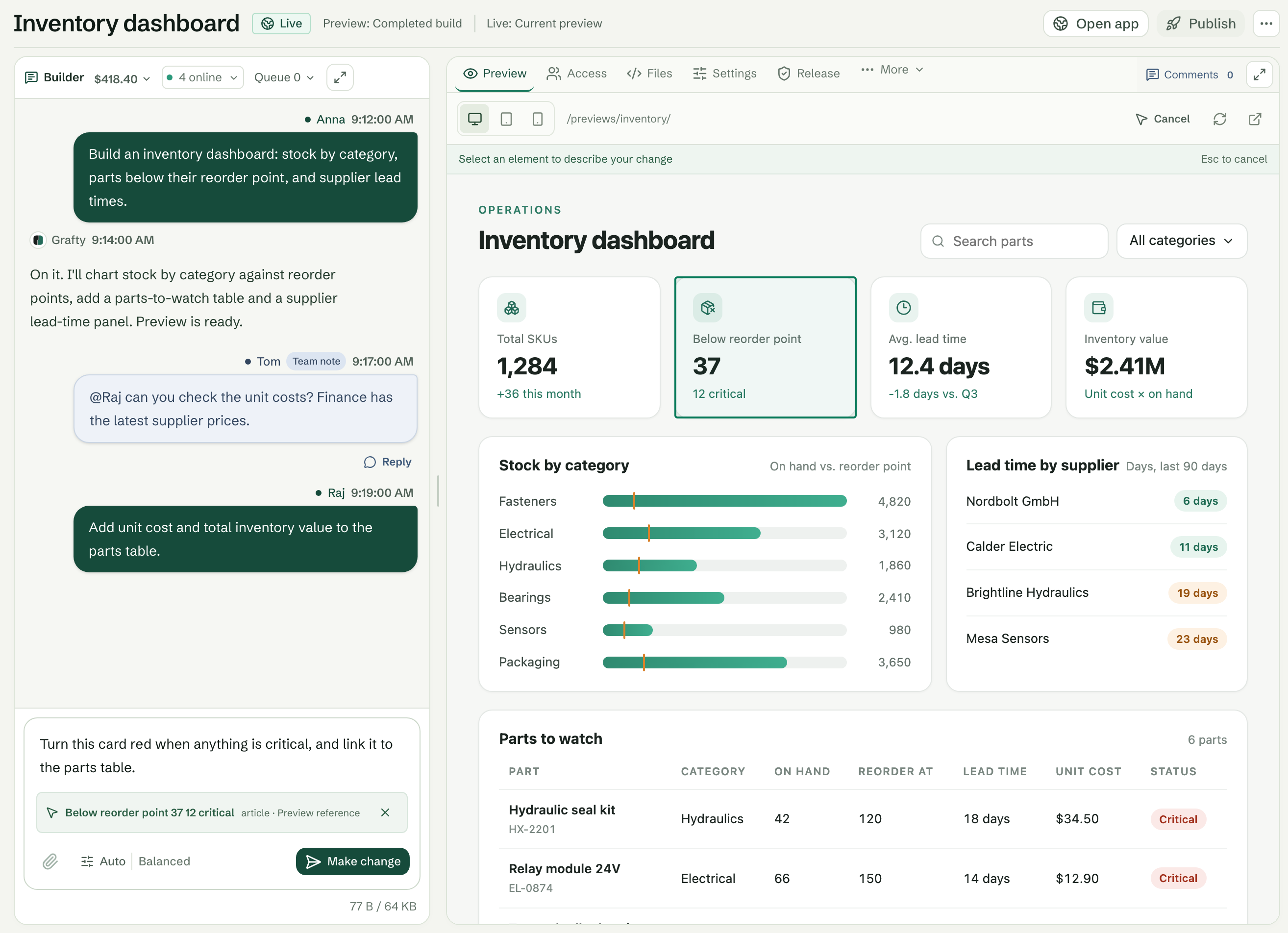 A dashboard card selected in the live preview and referenced in the chat composer